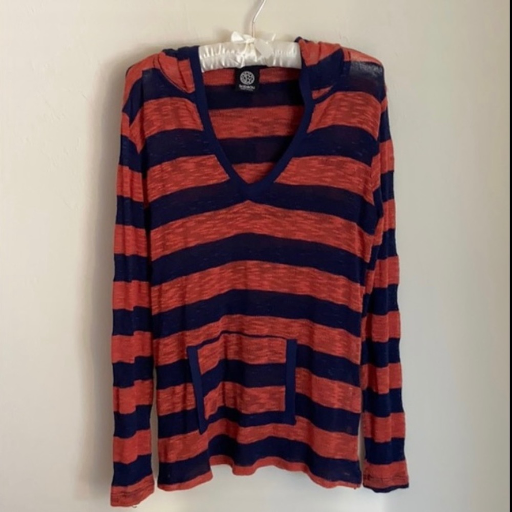 Bobeau Striped Hooded Lightweight Sweater